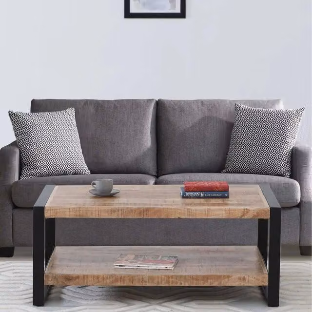 Home Source Summit Rectangular Mango Wood Coffee Table with Shelf in Brown and Black