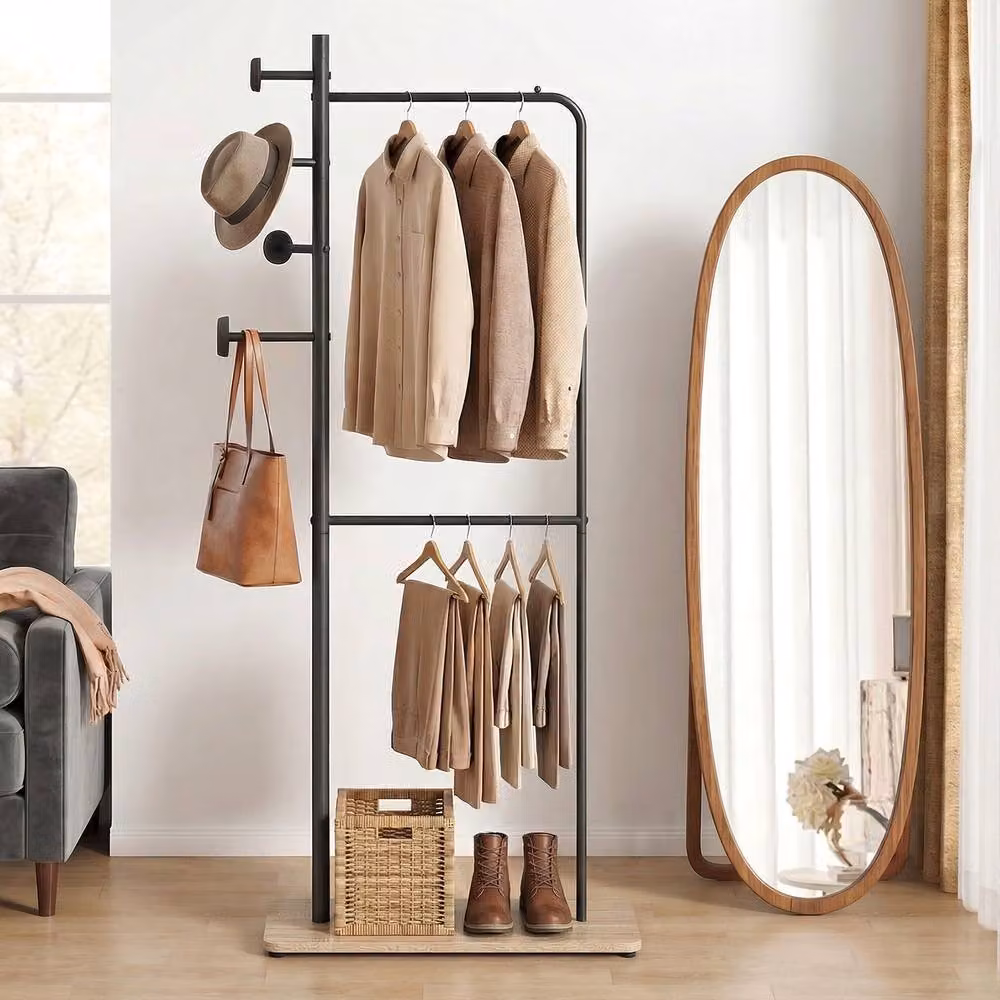 Gymax Freestanding 2 Rod Clothes Hanging Rack and Organiser with Shelf in Black – 4