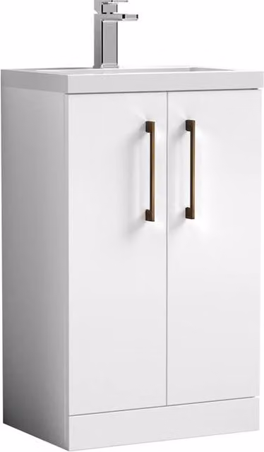 Balterley Gloss White Modern Freestanding Bathroom Vanity Basin Unit with Soft Close Doors and Brushed Bronze Handles W: 50 cm, H: 84 cm, D: 50 cm