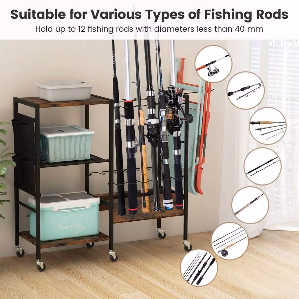 VOGREX Fishing Tackle Cart with Rod Holder and Wheels in Brown – 5