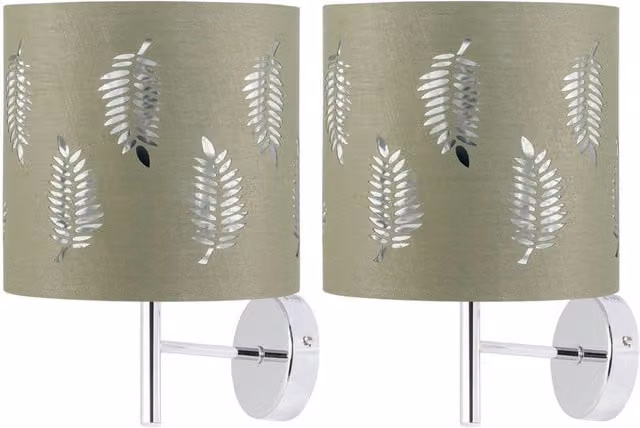 First Choice Lighting Brea Set of 2 Chrome Wall Lights with Green Fabric Shades