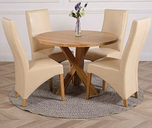 Thats Furniture Oregon Round Oak Dining Table and 4 Lola Leather Chairs in Beige