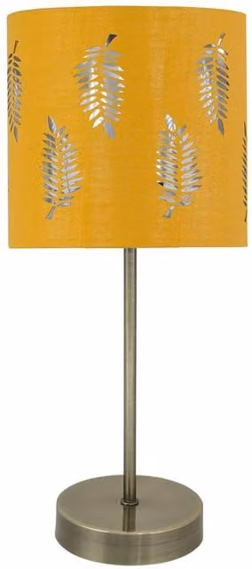 First Choice Lighting Antique Brass Stick Table Lamp with Ochre Fabric Cut Out Shade in Bronze