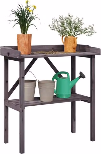 Berkfield Home Grey Solid Wood Fir Plant Table with Shelf, W/D/H: 78 x 38 x 82.5 cm