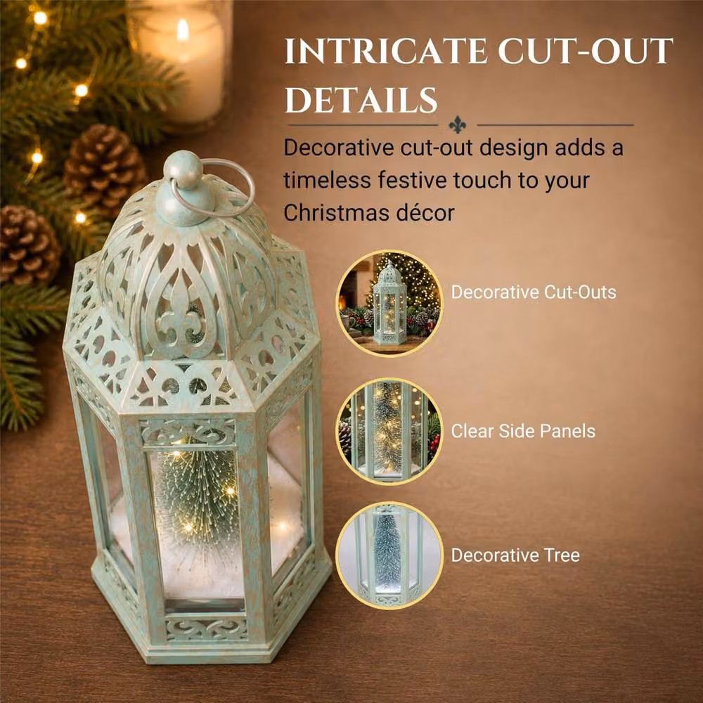 Shatchi Green Vintage Hexagonal LED Christmas Tabletop Lantern, Height: 30 cm – 5