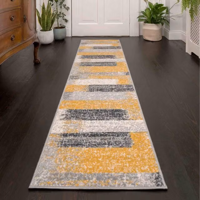 The Rug House Distressed Striped Block Living Room Rug in Yellow, W: 240 cm, D: 60 cm