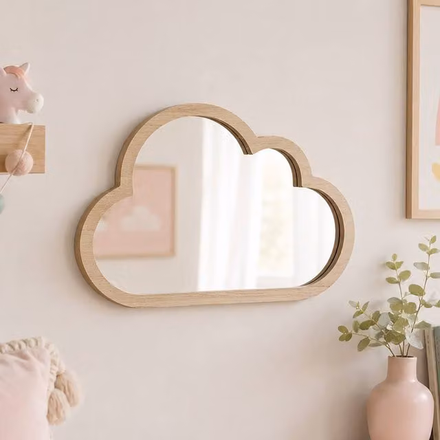 Marco Paul Wooden Baby Cloud Shape Wall Mirror in Beige, W/D/H: 30 x 30 x 34 cm
