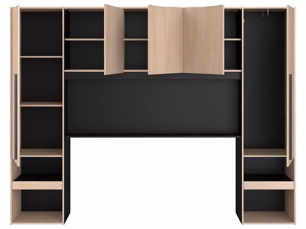 VELONA Modern Overbed Storage Unit with Integrated Lighting and Hanging Rod in Light Oak and Black – 4