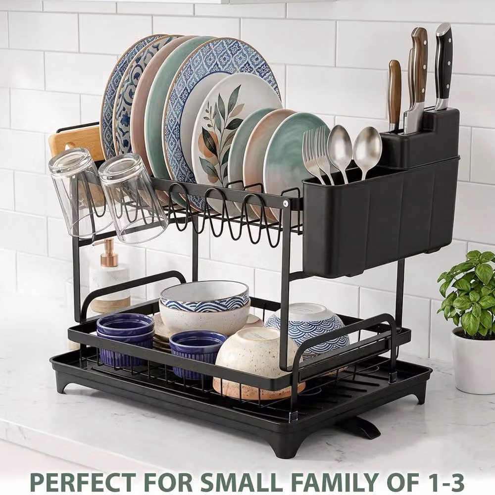 Crystals 2 Tier Metal Dish Drying Rack with Drip Tray and Utensil Holder in Black – 5