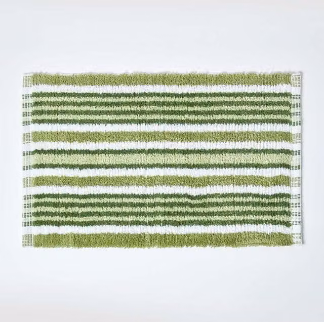 Homescapes Handloomed Striped Cotton Bath Mat in Green and White, W/D/H: 60 x 40 x 3 cm – 1