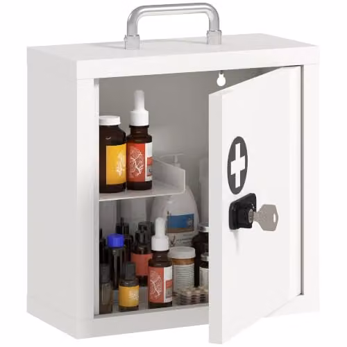 HOMCOM Wall Mounted White Metal Medicine Cabinet with Combination and Key Lock, W/D/H: 30 x 14 x 30 cm – 1