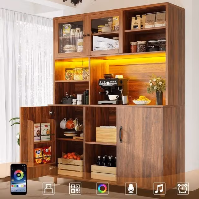 BTM Modern Tall Kitchen Sideboard in Brown with LED Lighting and Glass Doors, W/D/H: 140 x 40 x 185 cm