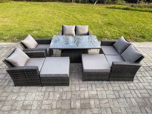 Fimous 8 Seater Wicker Rattan Garden Furniture Set with Height Adjustable Table, 2 Double Seat Sofa Armchairs and 2 Large Footstools in Dark Grey Mixed