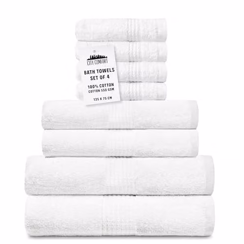 CityComfort 8 Piece Cotton Towel Set in White, 550GSM Highly Absorbent and Quick Drying – 1
