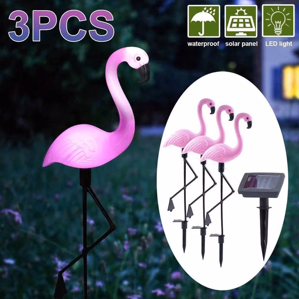 NESTLUNE Solar Flamingo Garden Ornament Set of 3 LED Statue Lights in Pink, H 100 cm x W 60 cm – 3