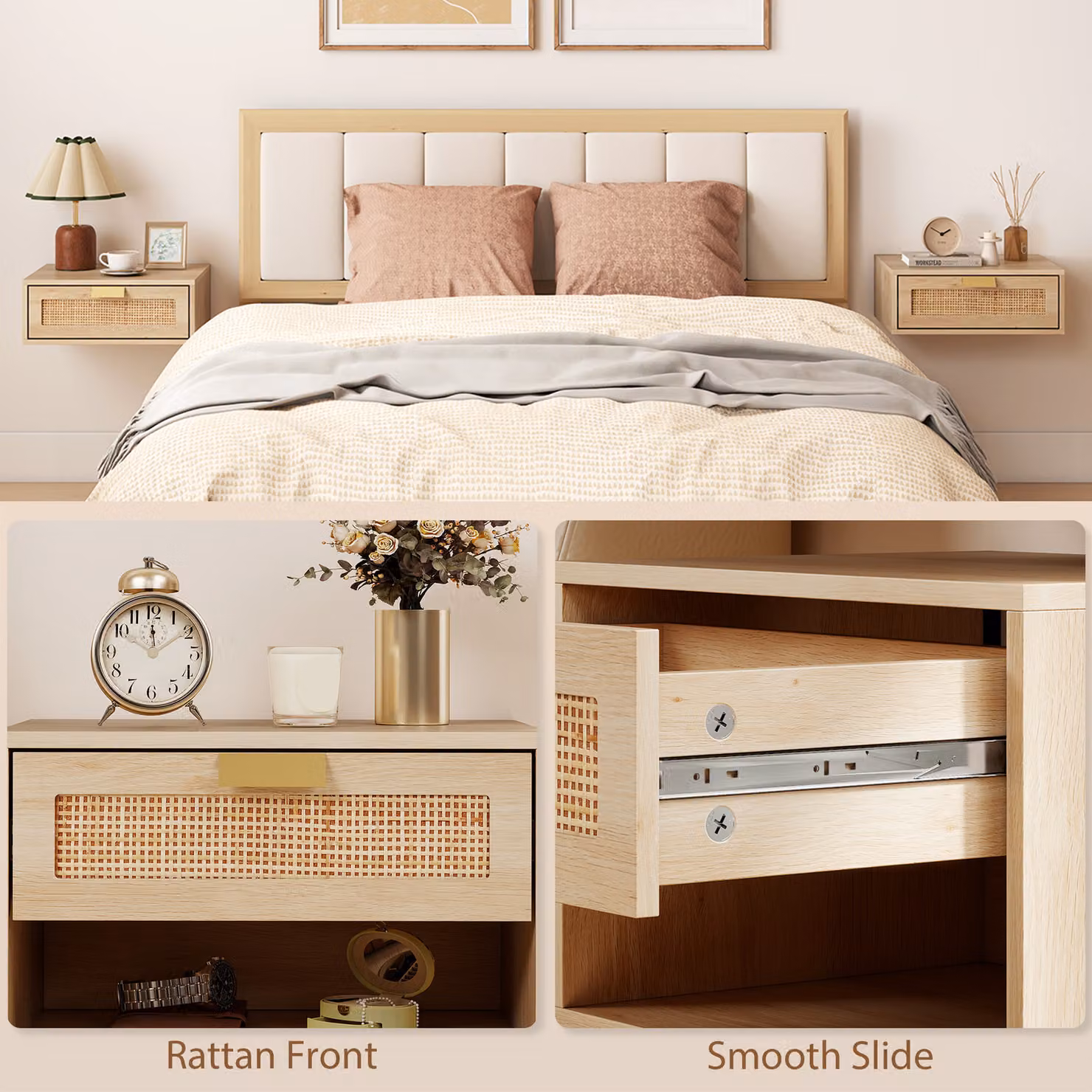 HOMCOM Set of 2 Wall Mounted Floating Bedside Tables with Rattan Drawer in Oak Wood Effect – 3