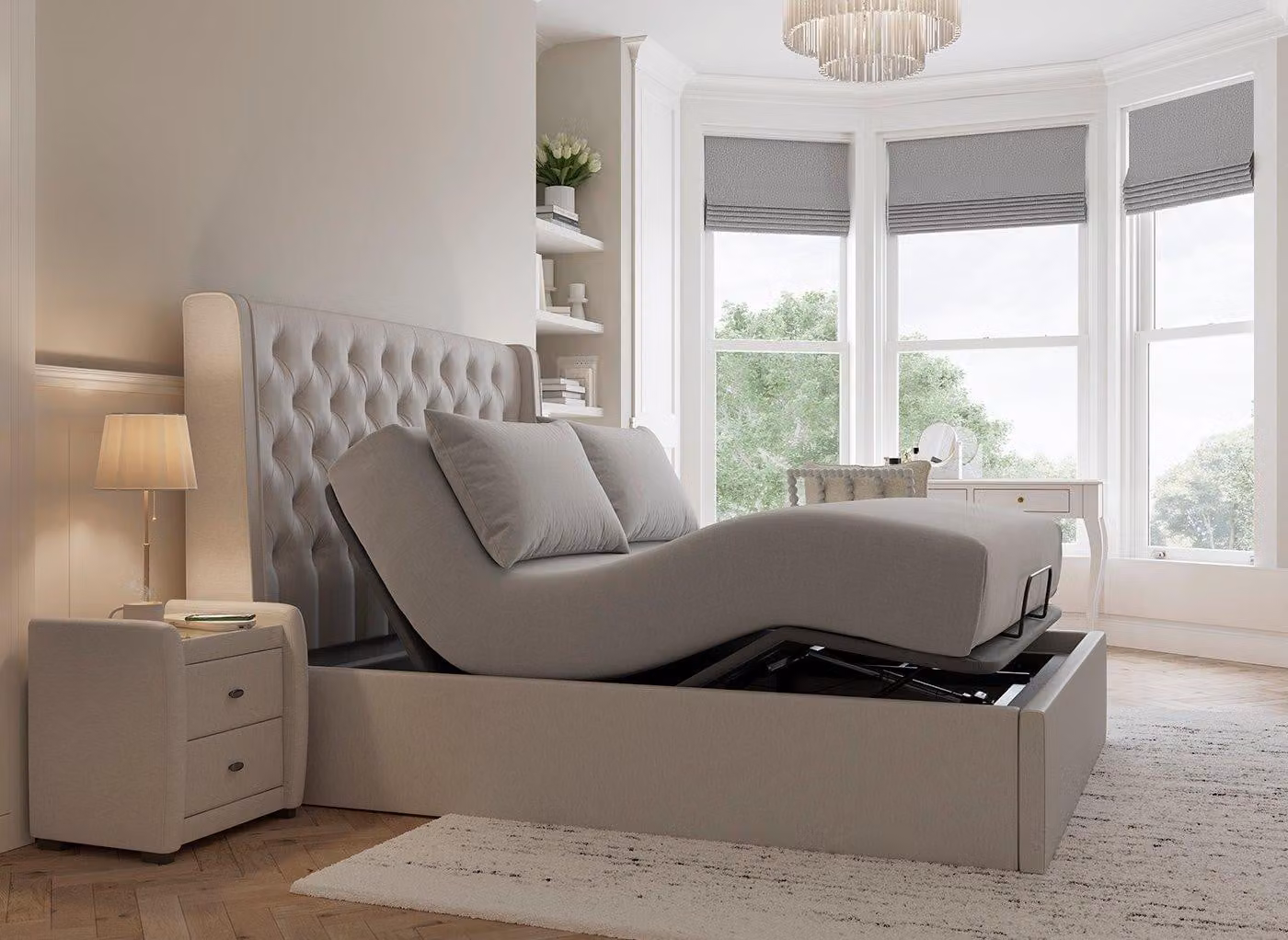 Dreams Deacon Ergomotion Adjustable Upholstered Velvet-Finish Bed Frame in Grey with USB Charging Port and Under-Bed Lighting