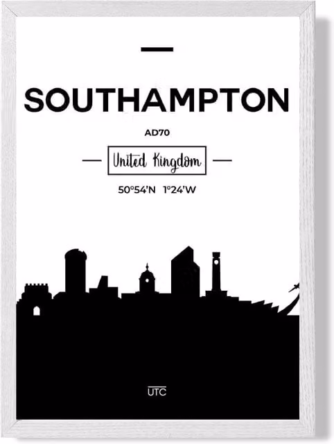 ARTZE Southampton Black and White City Skyline Framed Print in White Frame, A3 – 1