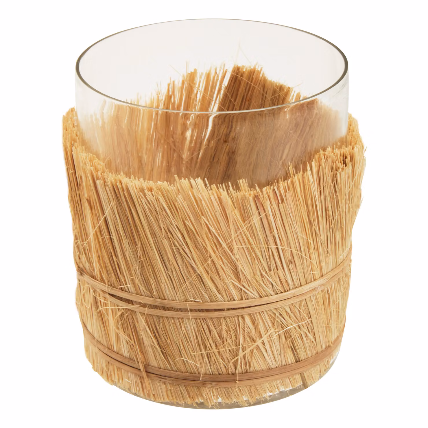 Orsina Coastal Styled Round Glass and Rattan Taper Candle Holder in Beige, Brown, Transparent and Sand – 3