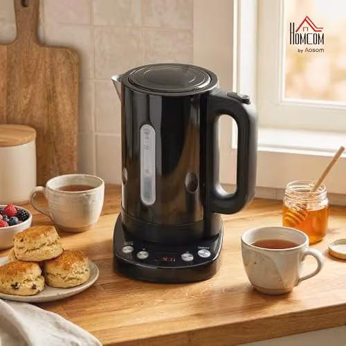 HOMCOM Variable Temperature Electric Kettle, 1.7L, 3kW, Black with Stainless Steel and Limescale Filter – 2