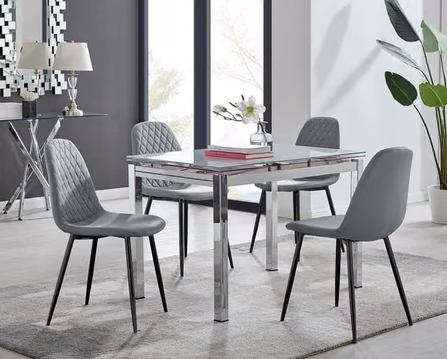 Furniturebox Enna White Glossy Glass Extending Dining Table and 4 Corona Black Leg Chairs in Grey