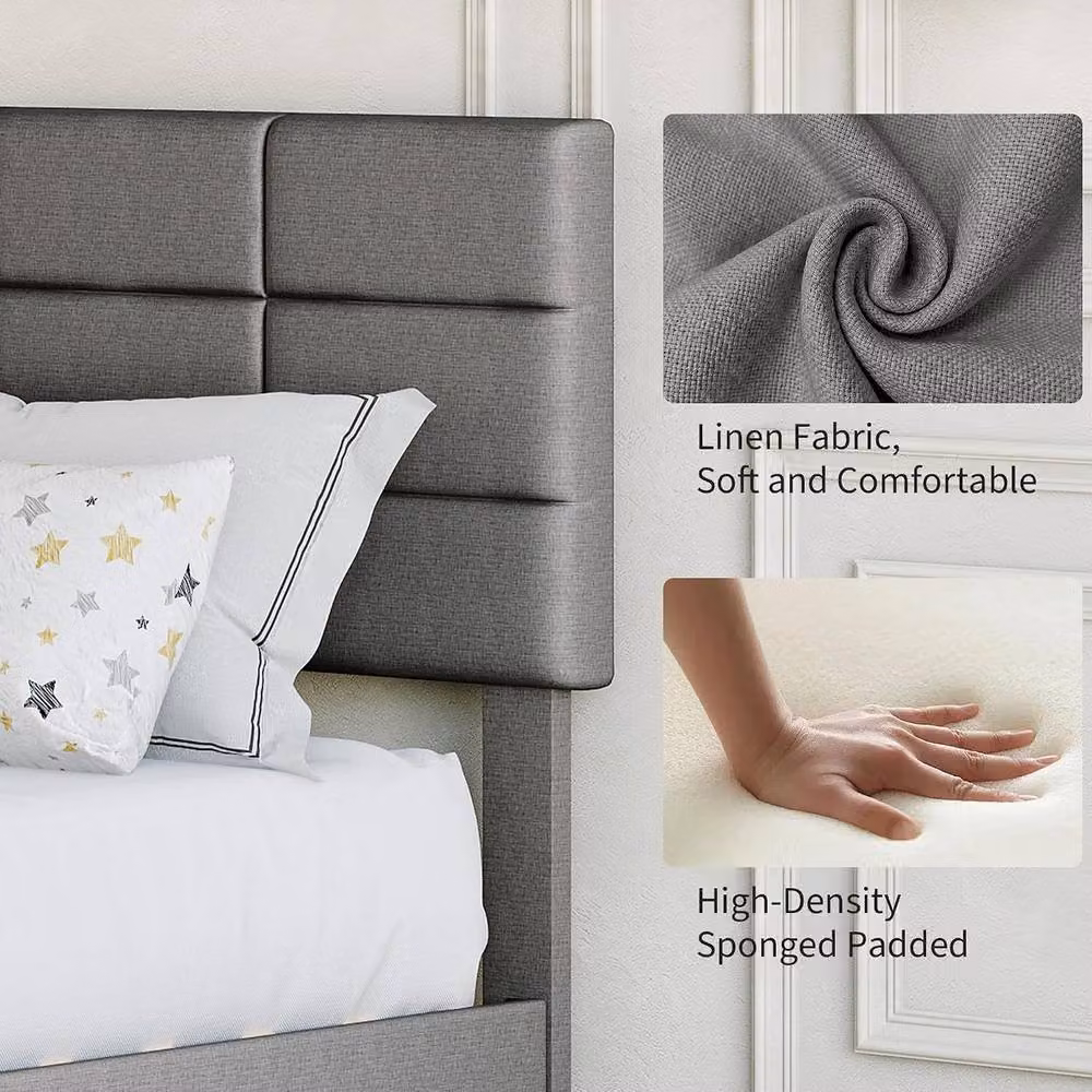 London Boutique Double Size Upholstered Platform Bed Frame with Tufted Headboard in Grey, W/D/H: 140 x 200 x 135 cm – 4