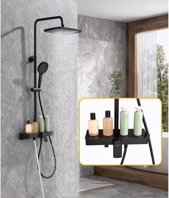 Süßren Sleek Shower Mixer Set with Rainfall and Massage Overhead Shower and Hand Shower in Matt Black