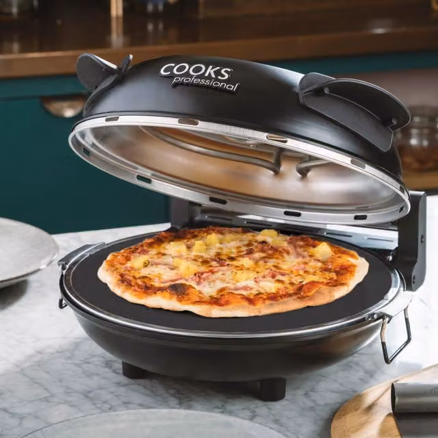Cooks Professional Electric Pizza Oven Set in Black with Timer and Top and Bottom Heat