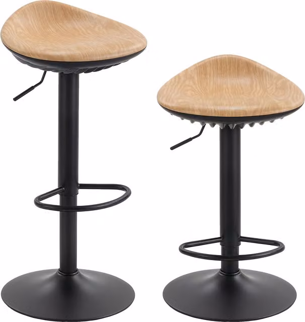 HOMCOM Set of 2 Brown PU Leather Barstools with Saddle Seats, Height Adjustable Swivel Kitchen Chairs and Footrests in Oak Finish – 1
