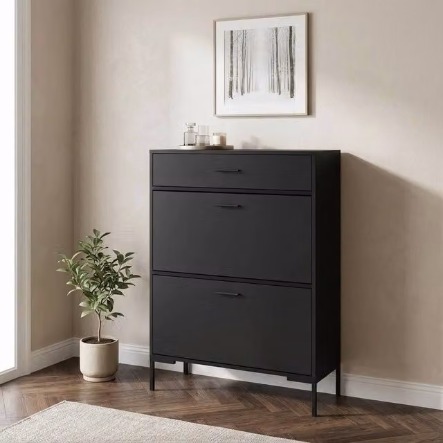 STILVORA Black Matt Modern Shoe Cabinet with Tilting Compartments and Drawers, W/D/H: 76 x 26 x 110 cm – 1
