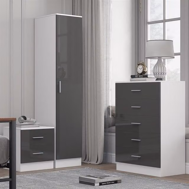 REFLECT Bedroom Furniture Set with 1 Door Wardrobe, 5 Drawer Chest and Bedside Table in Grey Gloss and Matt White High Gloss