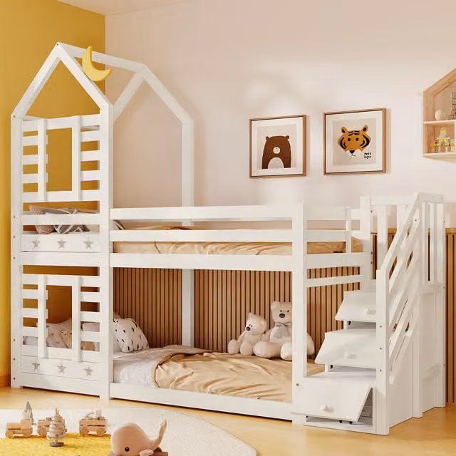 Matteo White Solid Wood Childrens Cabin Bunk Bed with Storage Drawers and Stairs W/D/H: 190 x 90 x 40.5 cm – 1