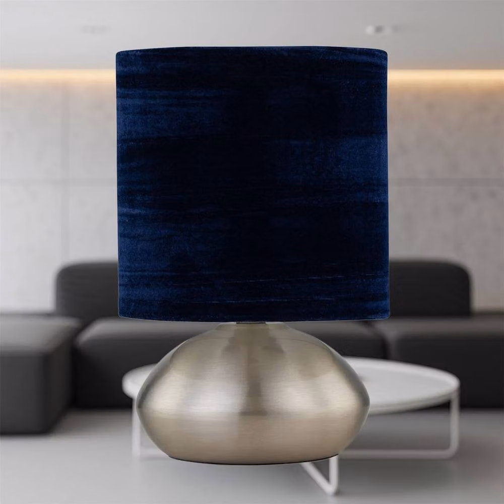 First Choice Lighting Jenson Dimmable Touch Table Lamp with Blue Fabric Shade in Brushed Chrome and Silver – 3