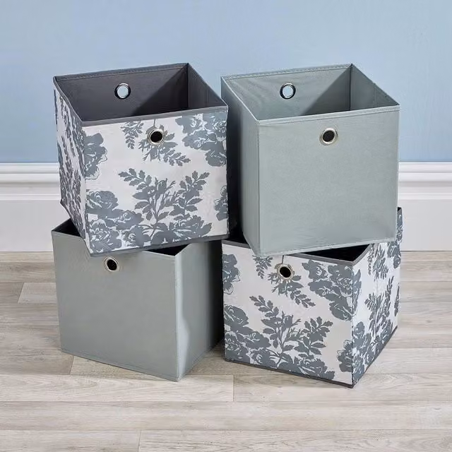 FLAVORA 4 Pack Square Fabric Foldable Storage Cubes in Grey and Multicolour, W/D/H: 50 x 50 x 50 cm