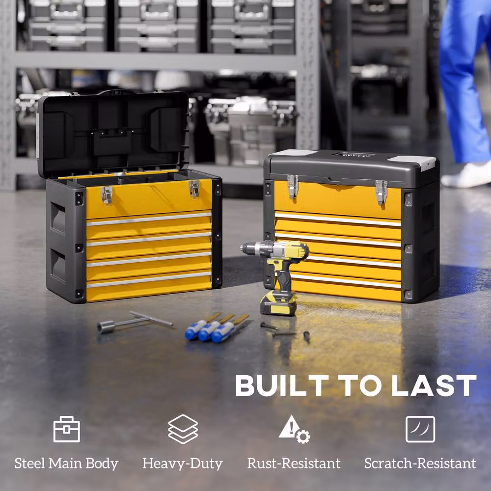 STILVORA Yellow Metal Toolbox with 4 Drawers and Top Tray, W/D/H: 49.7 x 40.7 x 25.3 cm – 6