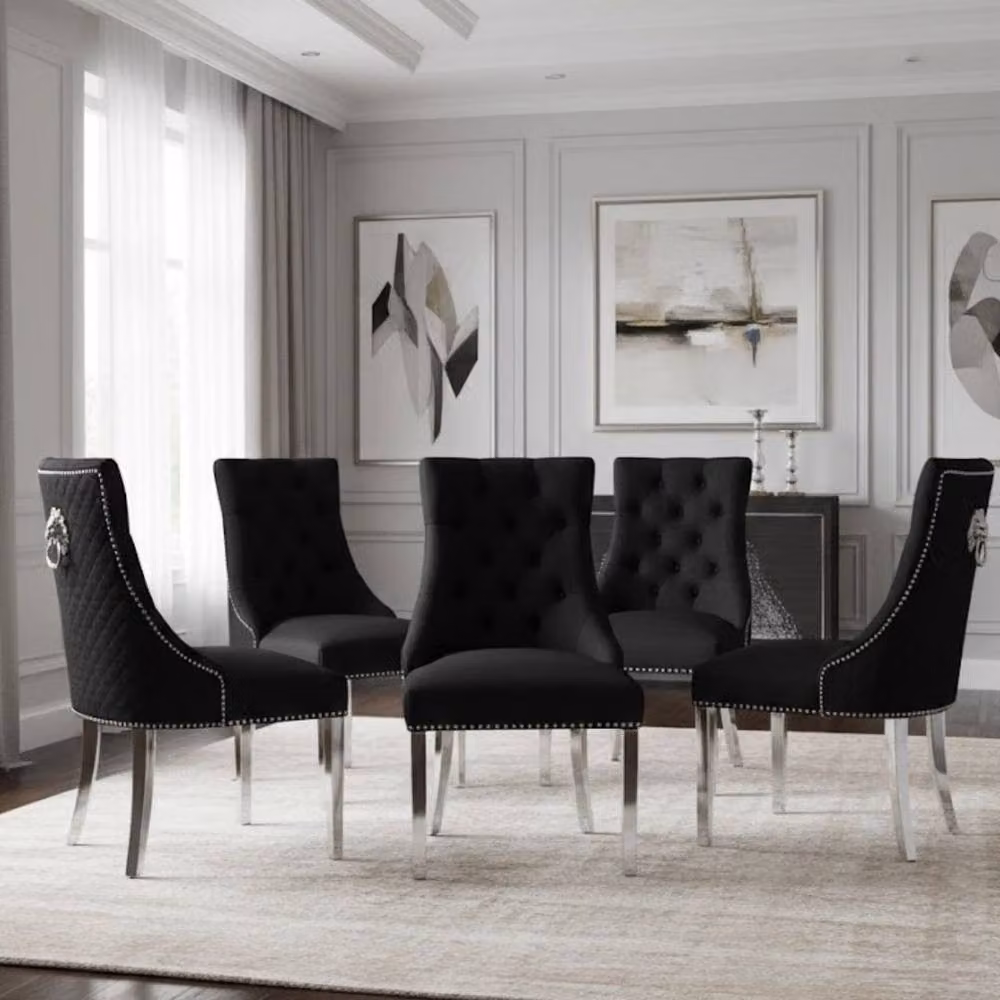 Home Luxe Interior Set of 6 Minister Black Brushed Velvet Lion Knocker Dining Chairs with Pearl Details – 6
