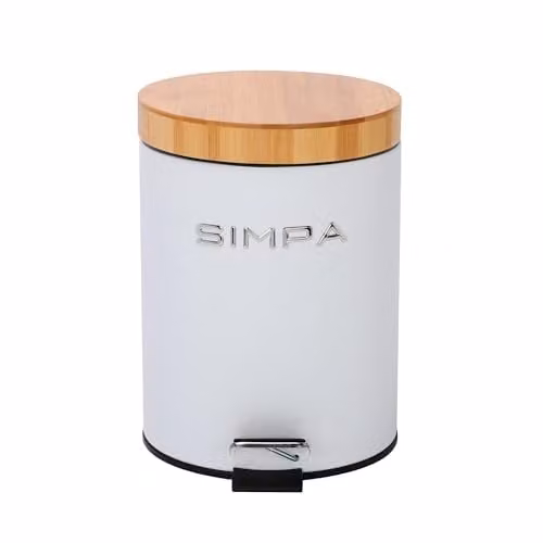 Simpa 5L Soft-Closing Pedal Dustbin with Bamboo Lid in White