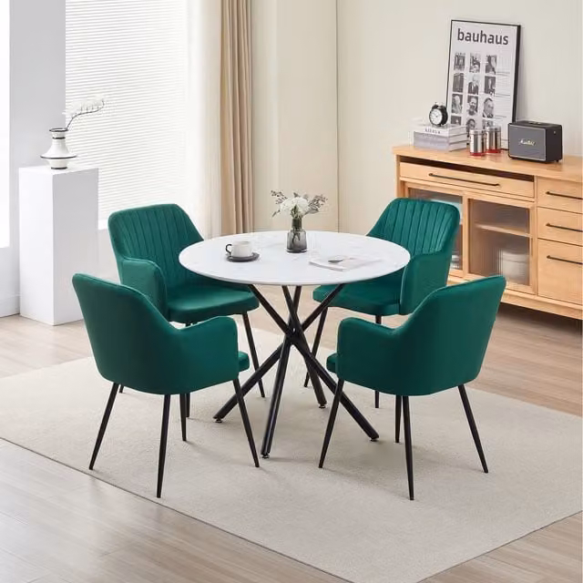 Madefor.living Seattle Round Marble Dining Table with 4 Charlotte Green Velvet Chairs