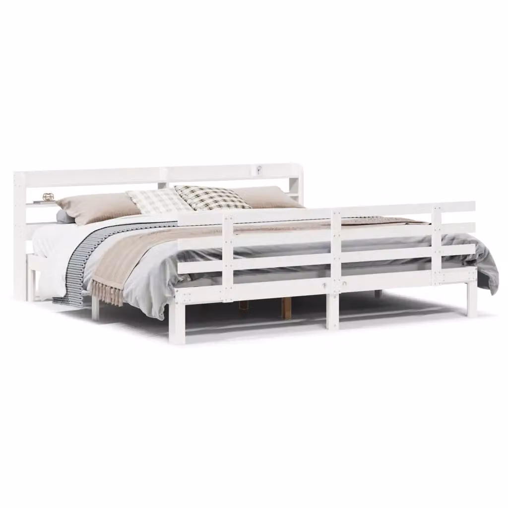 Berkfield Home Super King Bed Frame with Headboard and Side Compartments in White Solid Pine, W/D/H: 180 x 200 cm – 2