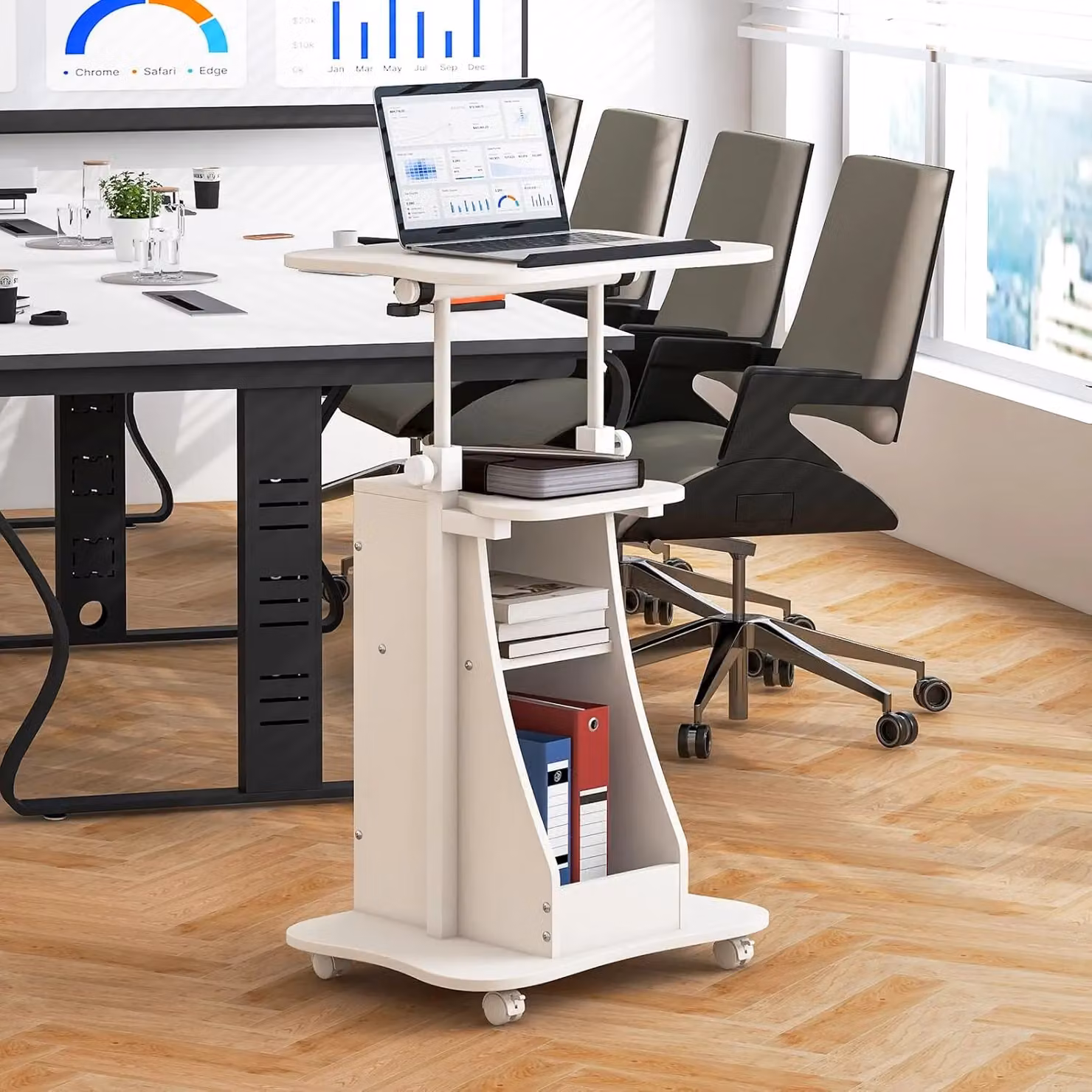 Gymax Mobile Podium Stand with Tilting Desktop, Adjustable Height and Castors, White – 2