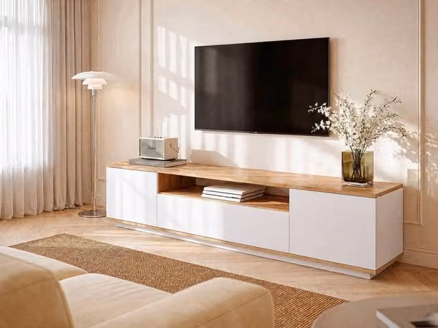 Vente-unique Lotula TV Unit in White and Light Oak with 3 Doors and 1 Compartment – 1