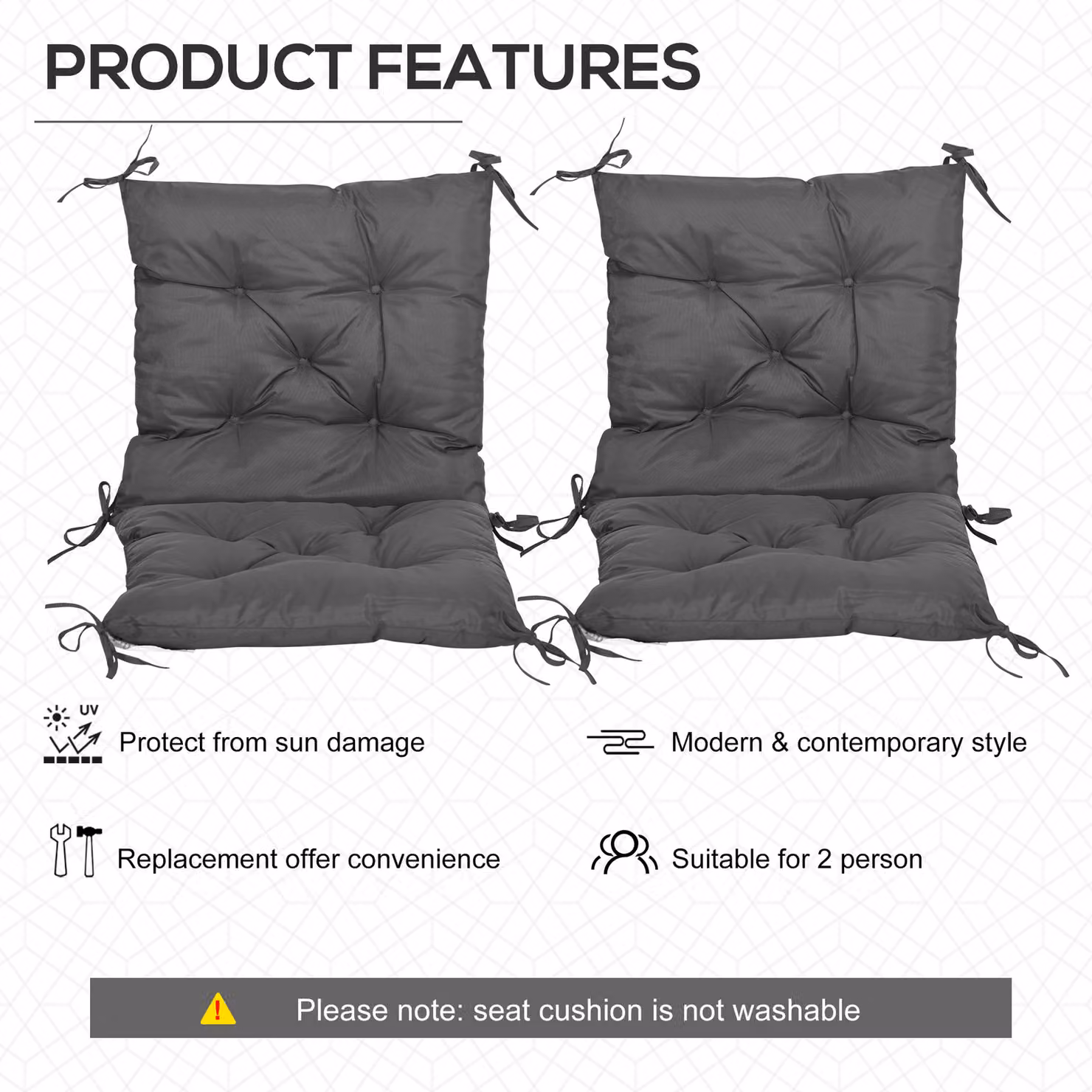 Outsunny Set of 2 Grey Water-Repellent Outdoor Seat Cushions, W/D/H: 50 x 98 x 8 cm – 4