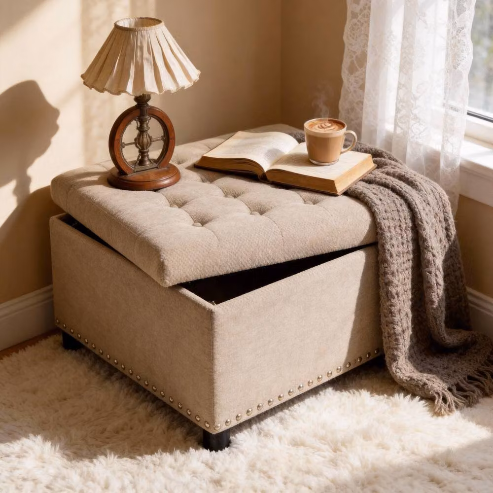 Rolipo Camel Square Storage Ottoman in Brown with Silver Rivets – 2