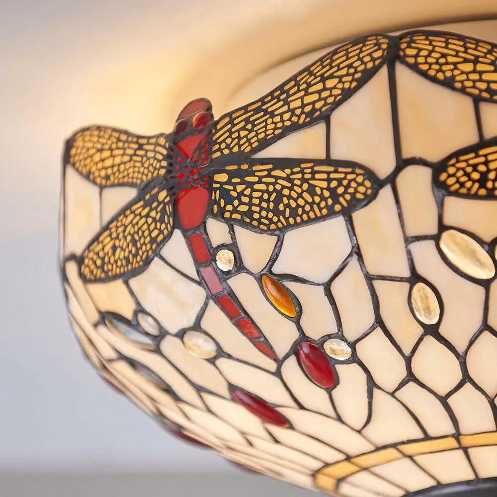 Loops Tiffany Glass Semi Flush Ceiling Light with Dragonfly Round Inverted Shade in Clear and Bronze – 3