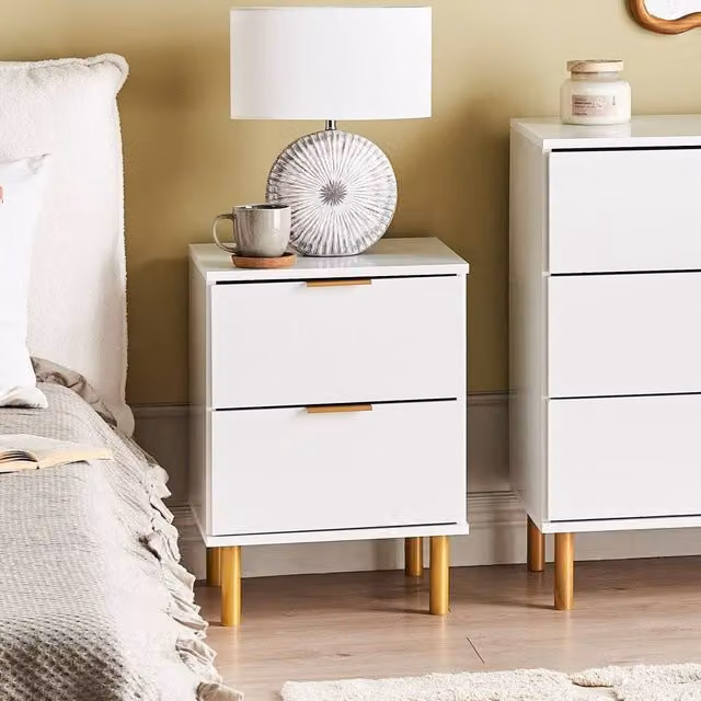 Wyld and Coco 2-Drawer Bedside Table in White with Gold Handles