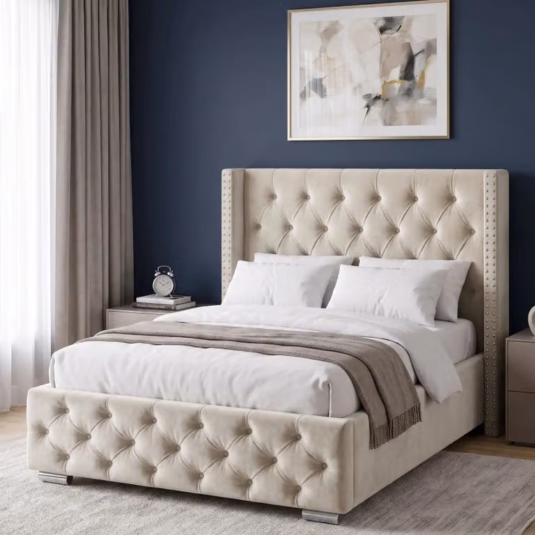 DHS Beige Velvet Cross Pattern Ottoman Storage Bed with Winged Frame, W/D/H: 120 x 200 cm