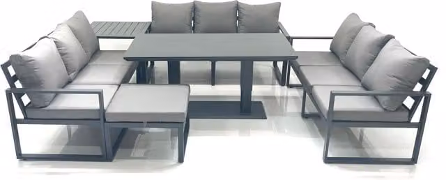 Fimous 10 Seater Aluminium Garden Sofa Set with Height Adjustable Dining Table, Side Table and Large Footstool in Dark Grey