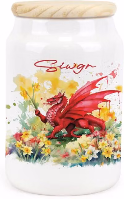 Purely Home Welsh Dragon and Daffodils Ceramic Airtight Sugar Storage Canister in Red, Yellow and White