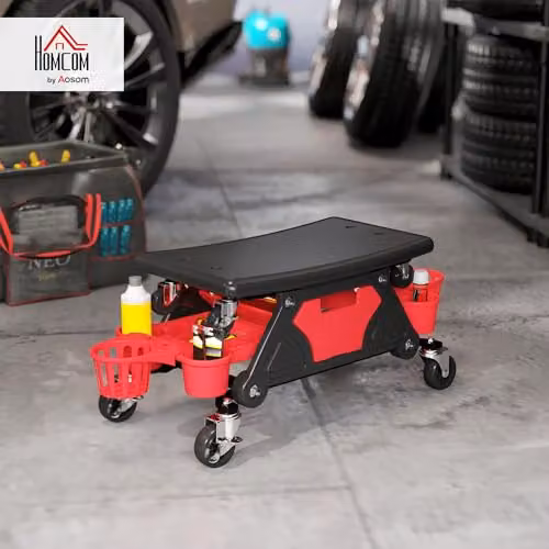 HOMCOM Rolling Mechanic Workshop Stool with Drawer, Red – 2