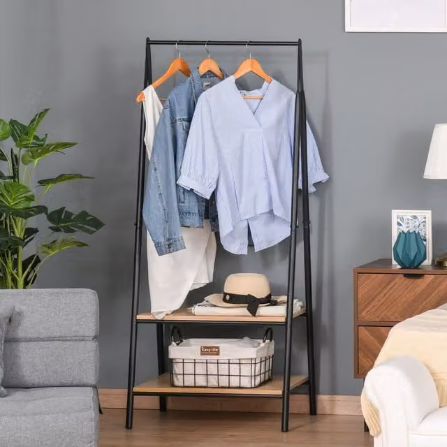 HOMCOM 2-Tier Metal and MDF Garment Rack with Continuous Linear Rail in Black